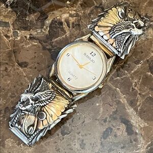 VTG Navajo Sterling Silver Eagle Mother of Pearl Gold Flex Bracelet Men’s Watch